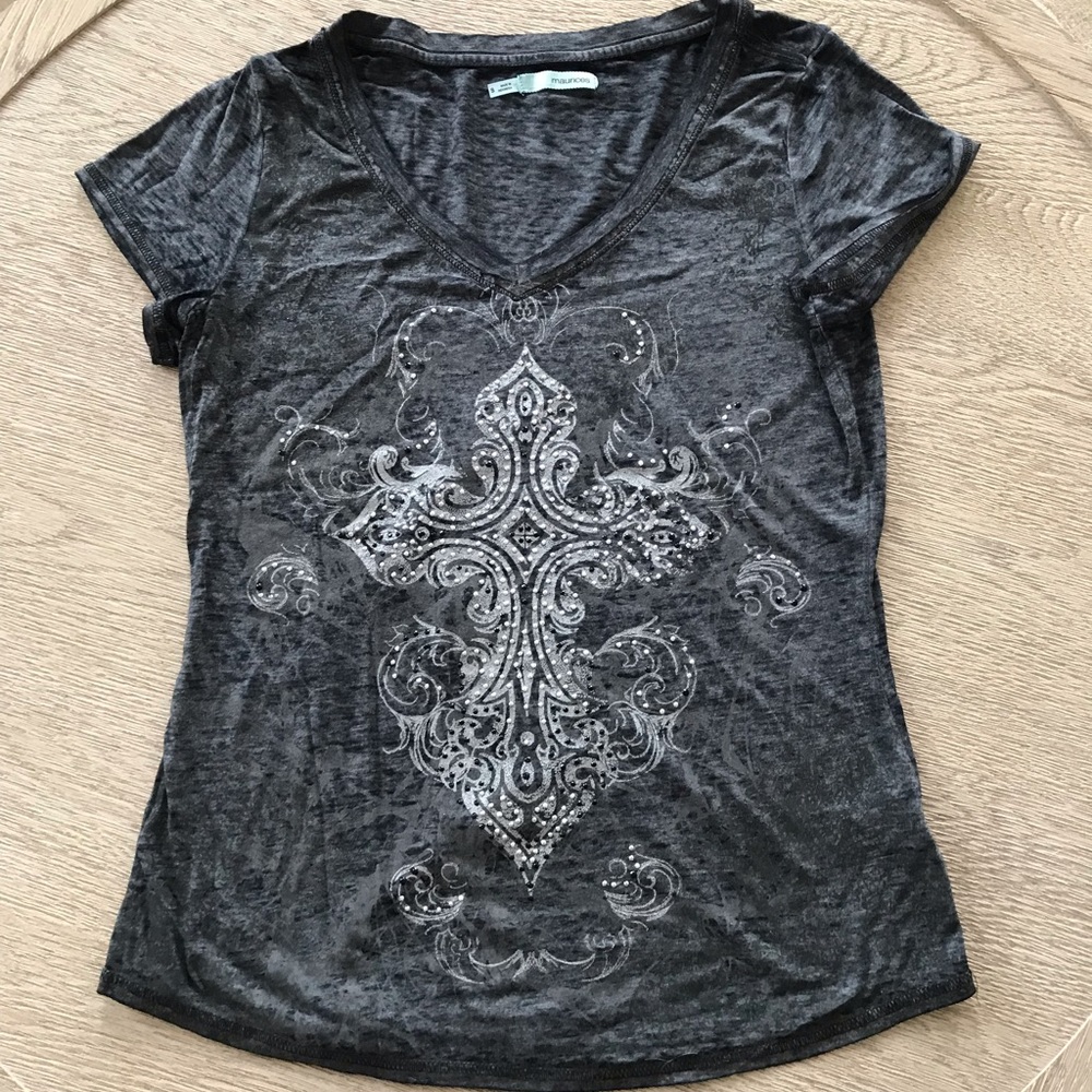 NWOT Distressed Embellished Charcoal Gray V-Neck Tee